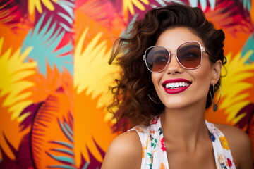 A holiday attractive woman is smiling sunglasses with a colorful  background ; a vacation background or banner