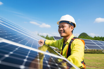A male asian engineer with a yellow helmet are checking on solar panels enthusiastic in a solar panel clean park ; renewable energy concept - obrazy, fototapety, plakaty
