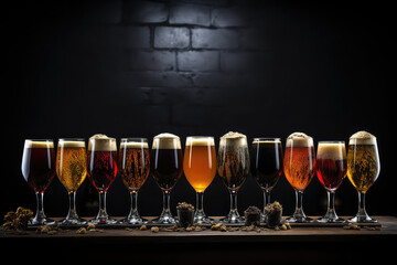 A composition of glasses full of different types of beer, standing in a row. Assortment of different types of beer poured into glasses on dark background.