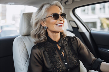 Fototapeta na wymiar An adult caucasian business-woman is driving cheerfully with a client in a expensive modern car in a city street