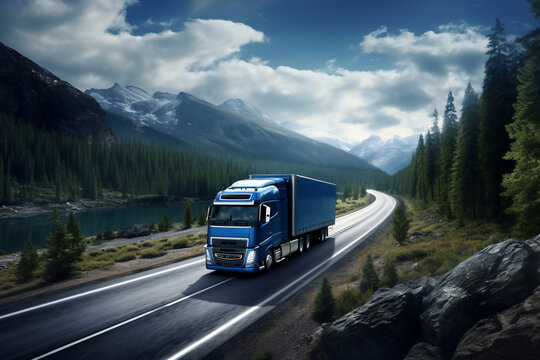 A blue large truck is driving fast with a normal speed on a unoccupied highway surrounded by nature