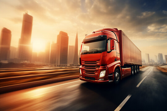 A red large truck is driving fast with a blurry environment on a busy highway surrounded by cities
