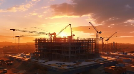 Panoramic view of a construction site at sunset