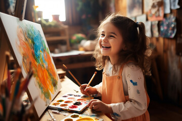 Fototapeta premium A happy girl is painting childly with a painting brush at rustic school on a large painting