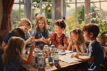 Obraz premium A happy group of boys and girls are painting childly with a painting brush at a crowded home with painted faces and hands