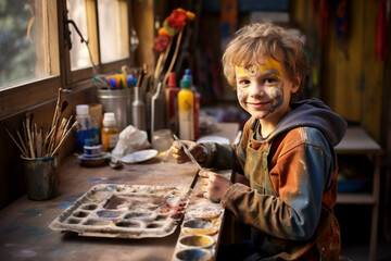 A playfull boy is painting childly with a painting brush at rustic school with painted faces and hands