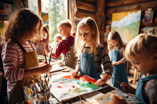 A playfull group of boys and girls are painting childly with a painting brush at rustic home on a large painting