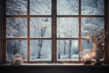 Winter time through a window created with Generative AI technology