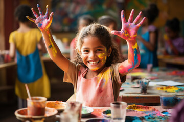 A happy girl is painting childly with their hands at a crowded school with painted faces and hands