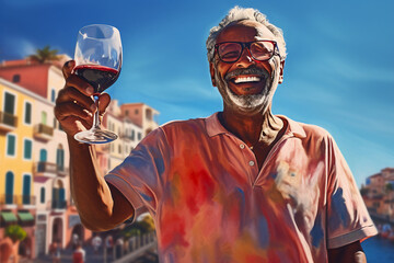 A retired mixed racial senior is travelling cheerful with a glass of wine in a vibrant city on vacation while retired