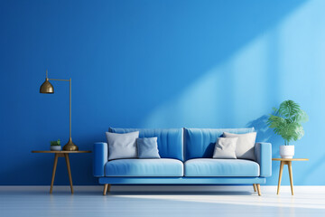 A minimalistic bright blue living room is lit with sun beams coming in from the left without people present