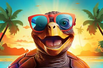 A holiday happy turtle is smiling sunglasses with a colorful  background ; a vacation background or banner