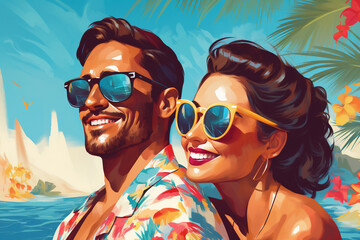 A holiday happy couple is smiling sunglasses next to the  pool ; a tropical background or banner
