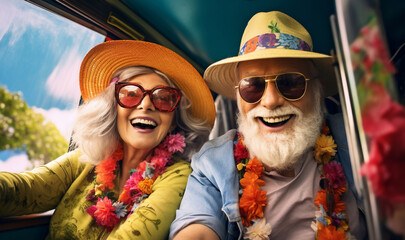 A retired caucasian elder an his wife are travelling cheerful with holiday clothing on a nature vibrant trip on vacation while retired