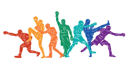 Fototapeta na wymiar Colorful vector illustration silhouettes of boxers, thai boxers, kickboxers. Unity sports boxing, Thai boxing, kickboxing