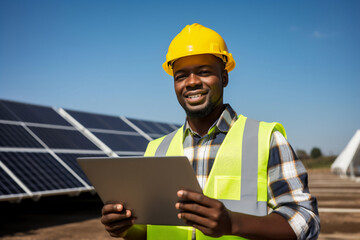 A male african american engineer with a yellow helmet are standing and looking at the camera enthusiastic with ipad without logo on a clean roof ; renewable energy concept