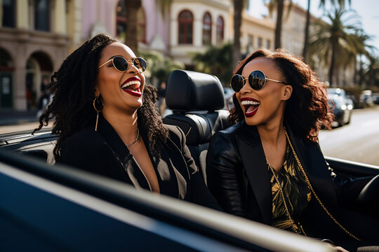 An adult african american business-woman is driving cheerfully with a client in a expensive modern car in a city street