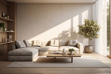 A modern and clean soft ashen living room is lit with sun beams coming in from the left without people present