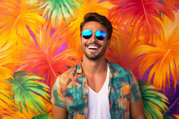 A holiday attractive man is smiling sunglasses with a colorful  background ; a tropical background or banner