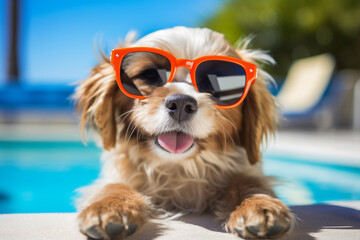A holiday happy dog is smiling sunglasses next to the  pool ; a vacation background or banner