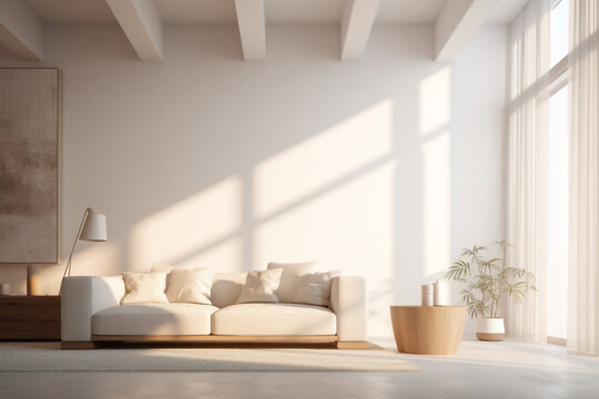A contemporary soft white living room is lit with sun beams coming in from the left without people present