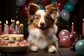 Fototapeta na wymiar Happy cute dog celebrating at a birthday party, Generative AI