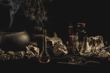 Witchcraft or alchemistry altar. Goats skull, flasks, dry herbs, iron cauldron, wax candles,...