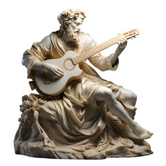 Bard, musician playing on acoustig guitar. Ancient marble greek sculpture. Transparent or white background, png. Ai generated