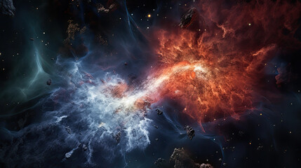Blue and red galaxy colliding with itself, dramatic, space background, wallpaper