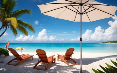 Beach chairs and umbrellas on the beach, generative ai