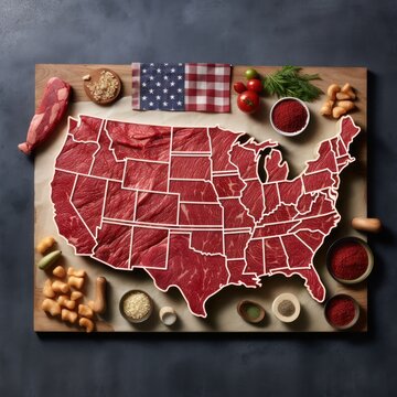 Mapping American Cuisine: Discovering Meat Steak, Meat Shape In USA, Mapa Dos Estados Unidos Feito De Carne, Generative Ai