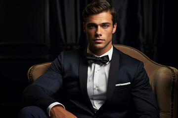 A young handsome man wearing a suit and a bow tie sitting in an armchair and looking at the camera