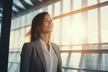 Happy smiling businesswoman standing in middle of an open space office , sun light coming from wide window