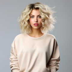 Naklejka premium Pretty young blonde woman wearing cream natural colored plain blank sweatshirt, oversized fitting sweatshirt style