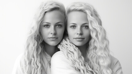 Studio photo portrait of two twins women with their hair gathered. Monochrome style image
