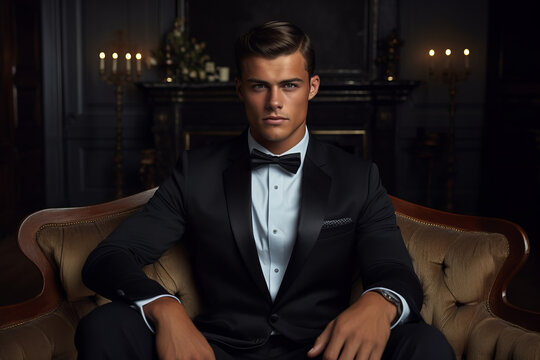 A Young Handsome Man Wearing A Suit And A Bow Tie Sitting In An Armchair And Looking At The Camera