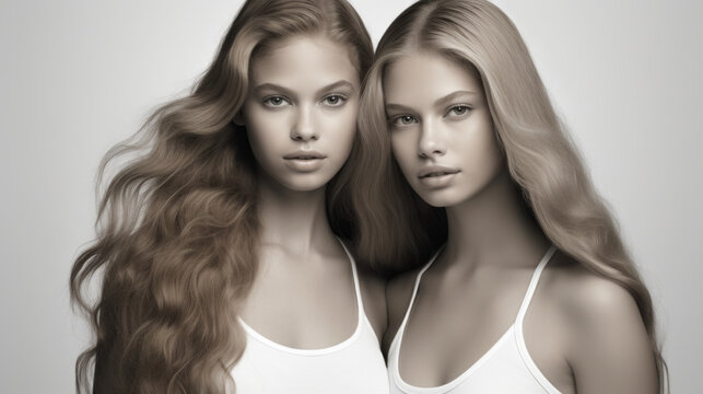 Studio photo portrait of two twins women with their hair gathered. Monochrome style image