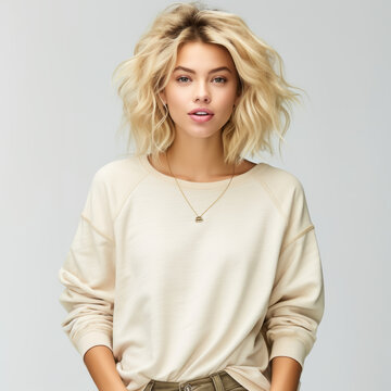 Pretty young blonde woman wearing cream natural colored plain blank sweatshirt, oversized fitting sweatshirt style