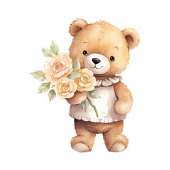 Watercolor bear illustration, cartoon character animal, idea for print t-shirt, poster and kids envelope, postcard. Hand drawn style.