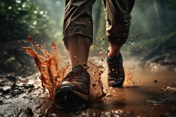 A trail runner's feet splashing in mud and water. Generative AI.