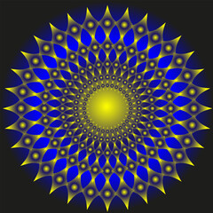 Vector abstract geometric pattern arranged in a circle in the form of a blue and gold mandala on a black background