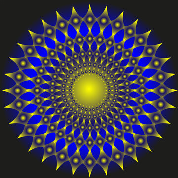 Vector abstract geometric pattern arranged in a circle in the form of a blue and gold mandala on a black background