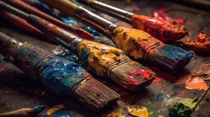 Obraz premium Brushes stained with colorful paints. Generative AI.