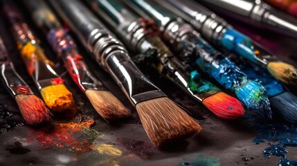 Fototapeta premium Brushes stained with colorful paints. Generative AI.