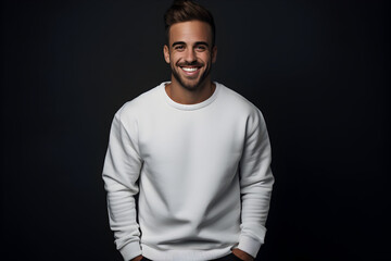 Fototapeta premium Young man wearing white sweatshirt mockup, at dark background. Design pullover template, print presentation mock-up. AI generated.