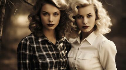 Obraz premium Retro style portrait of two beautiful blonde women in checkered shirts. Generative AI.