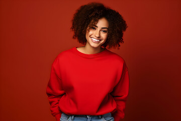 Fototapeta na wymiar Young woman wearing red sweatshirt mockup, at red background. Design pullover template, print presentation mock-up. Generated AI.