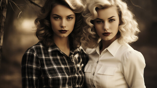 Retro style portrait of two beautiful blonde women in checkered shirts. Generative AI.