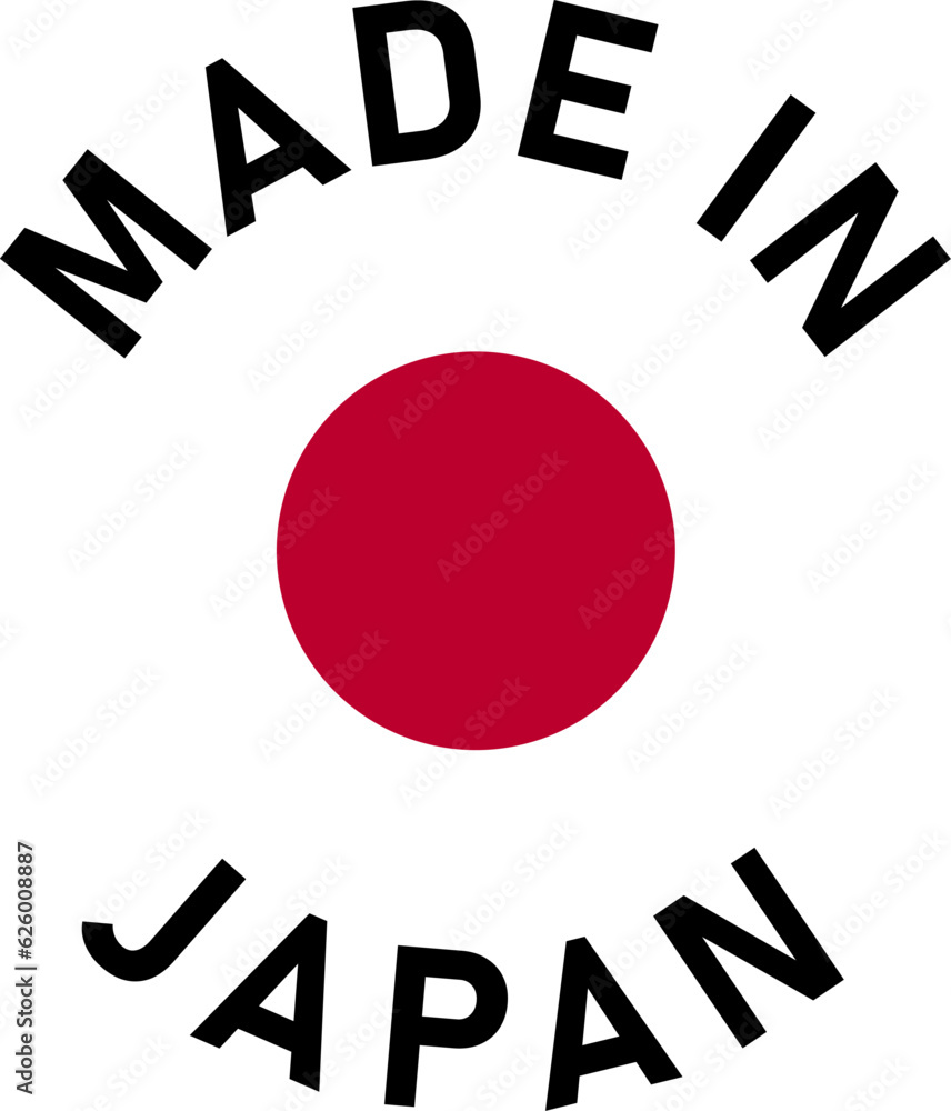 Poster Made in Japan Round Badge Product Tag Symbol with Flag in Circle and Text around it. Vector Image.