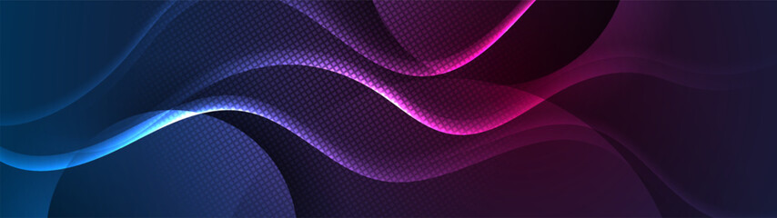 Blue purple glowing abstract tech wavy neon background. Vector banner design